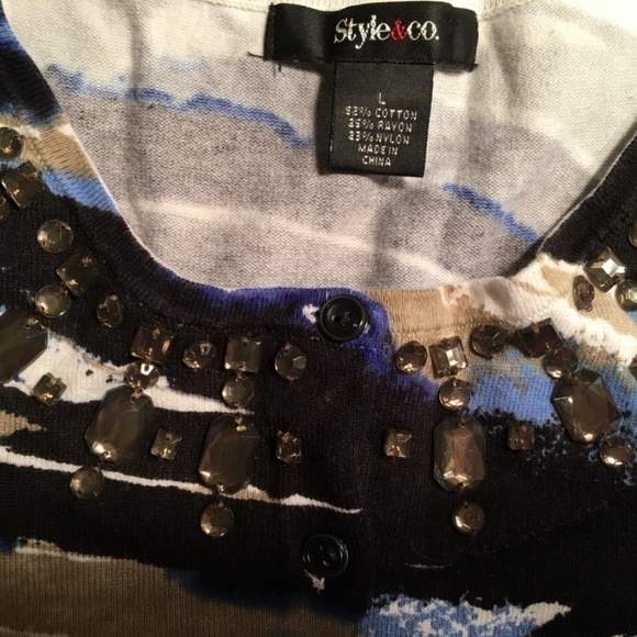 STYLE & CO. Spring Summer Cardigan, JEWELED, Blue/Black/Tan, 3/4 Sleeve, Size L - Picture 3 of 9